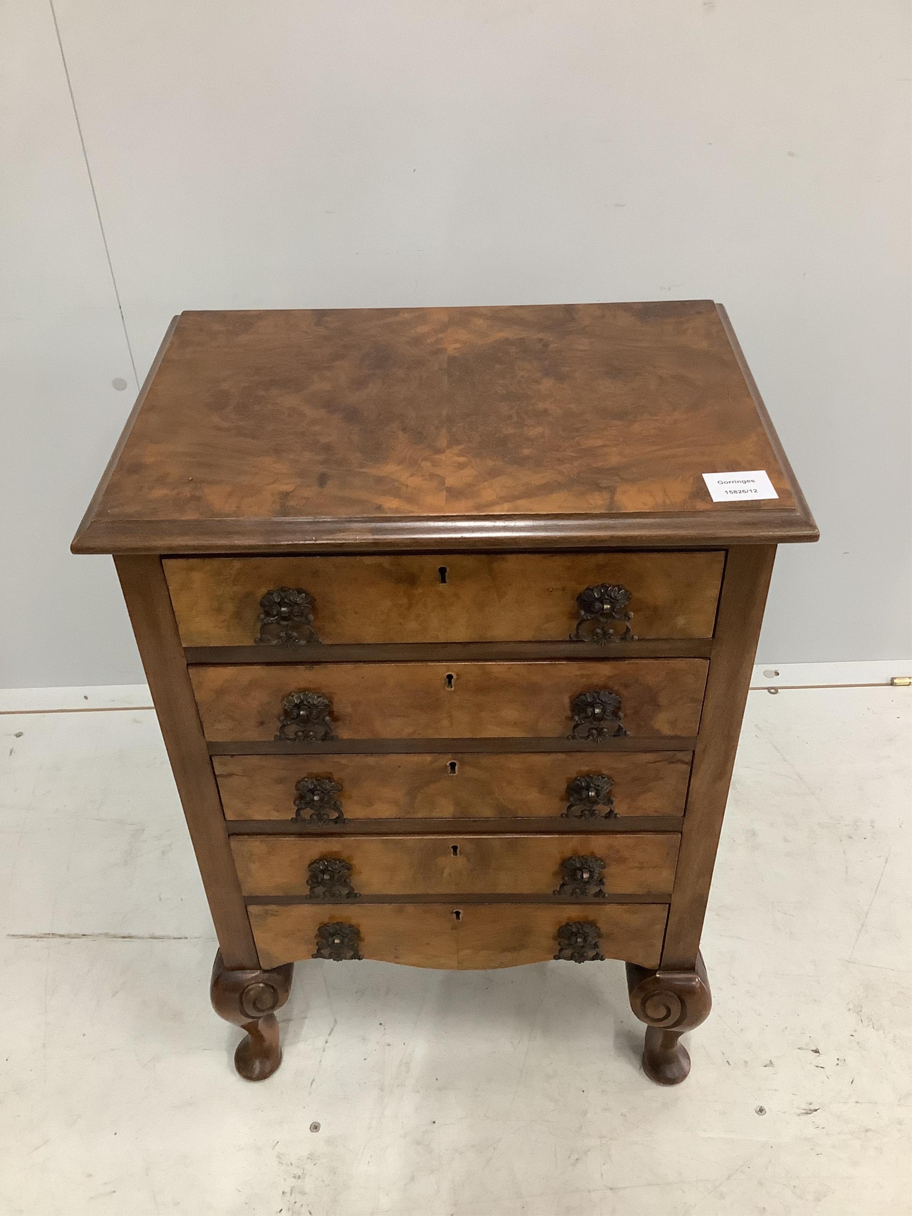 A small Queen Anne Revival walnut chest of five drawers, width 46cm, depth 31cm, height 69cm. Condition - good